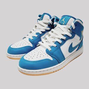 Nike Air Jordan 1 Mid GS White & Blue Leather Sneakers Youth  6Y DQ8423-400